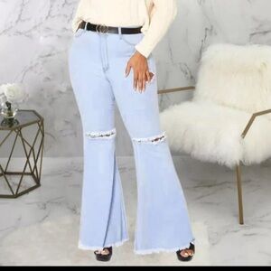 Private Label Light Blue Knee-Ripped Flare Jeans